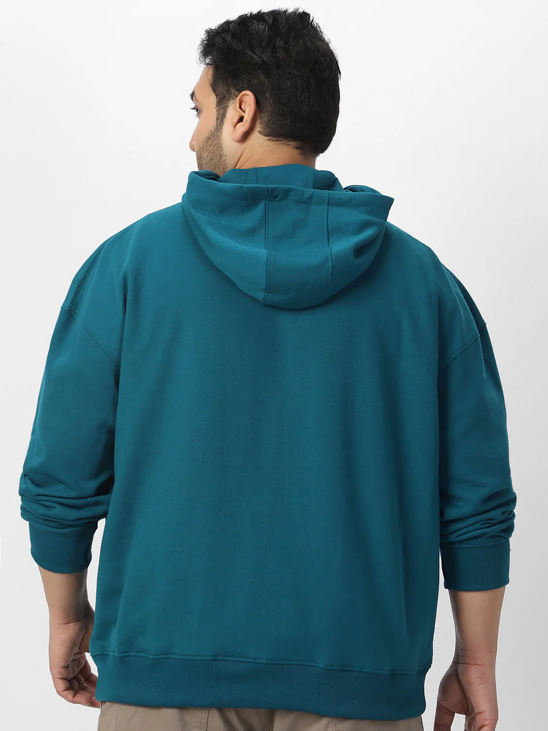 Plus Men's Fog Teal Green Cotton Solid Oversized Hooded Neck Sweatshirt - Image 3