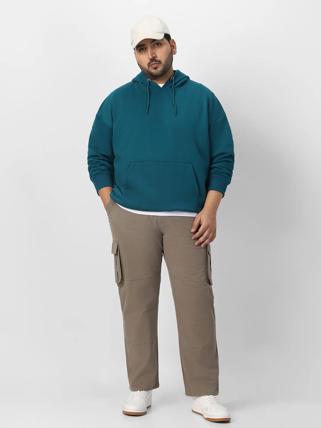 Plus Men's Fog Teal Green Cotton Solid Oversized Hooded Neck Sweatshirt - Image 4