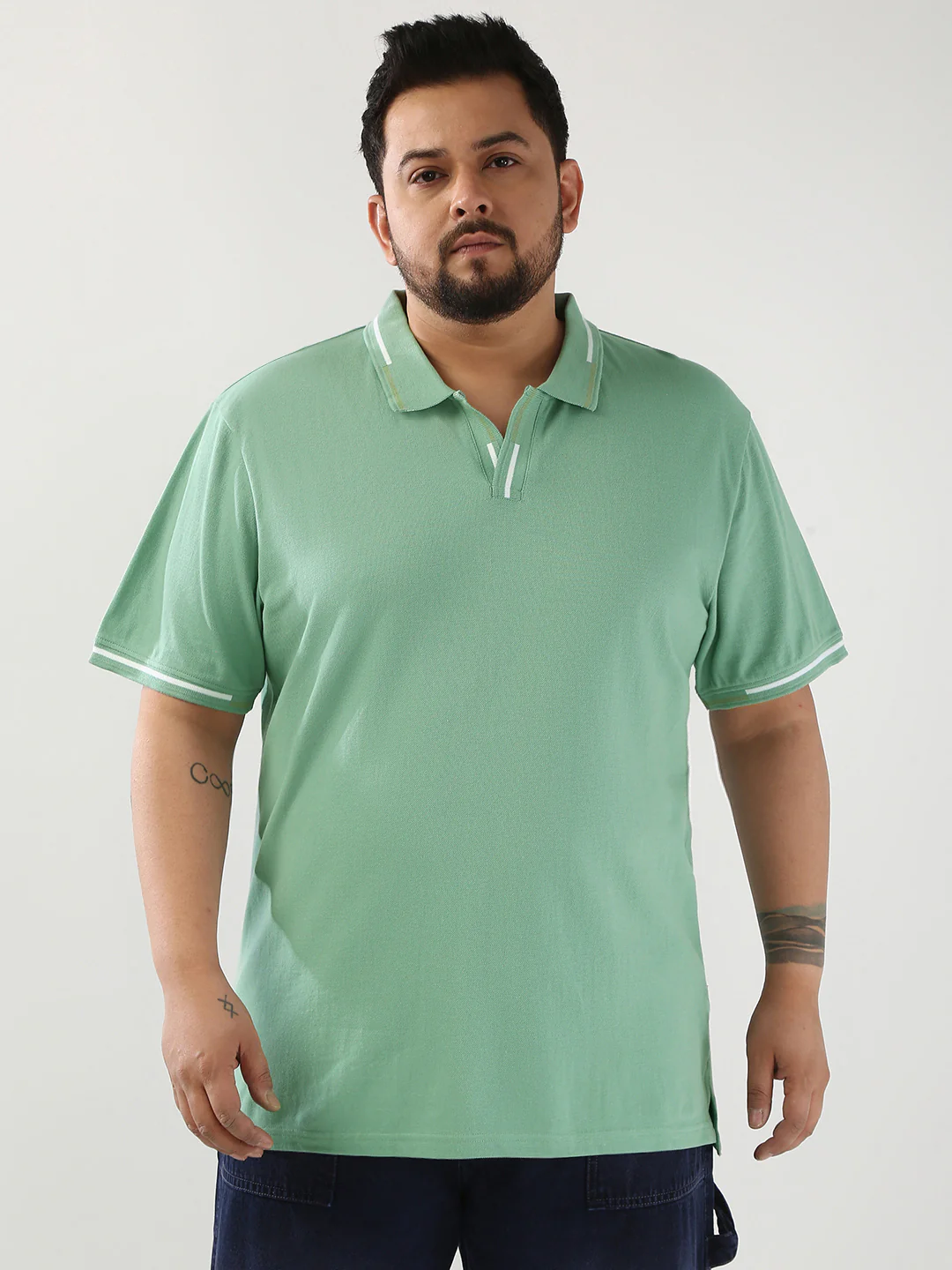 Plus Men's Granite Green Solid Regular Fit Half Sleeve Cotton Polo T-Shirt - Image 3