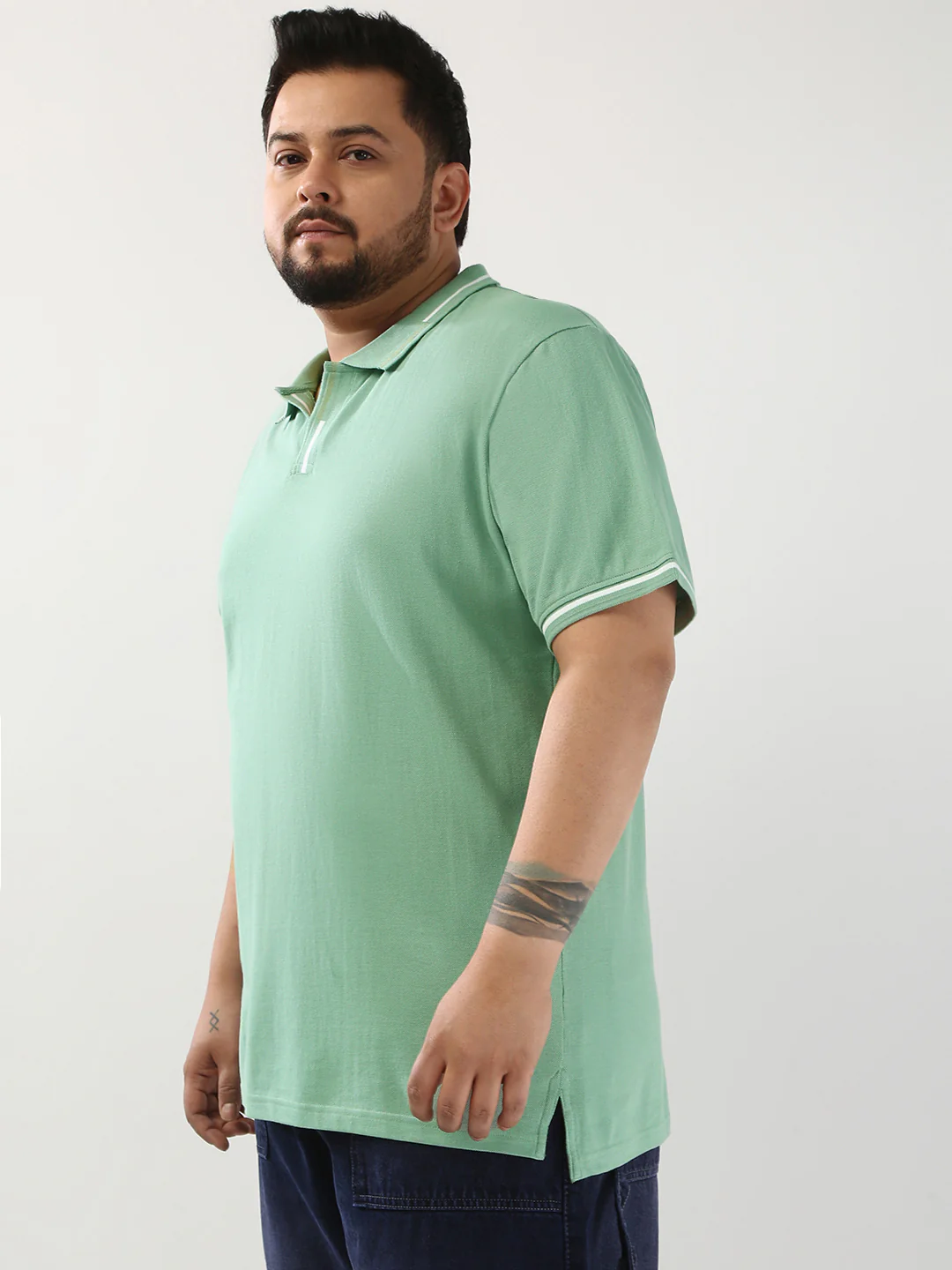 Plus Men's Granite Green Solid Regular Fit Half Sleeve Cotton Polo T-Shirt - Image 4