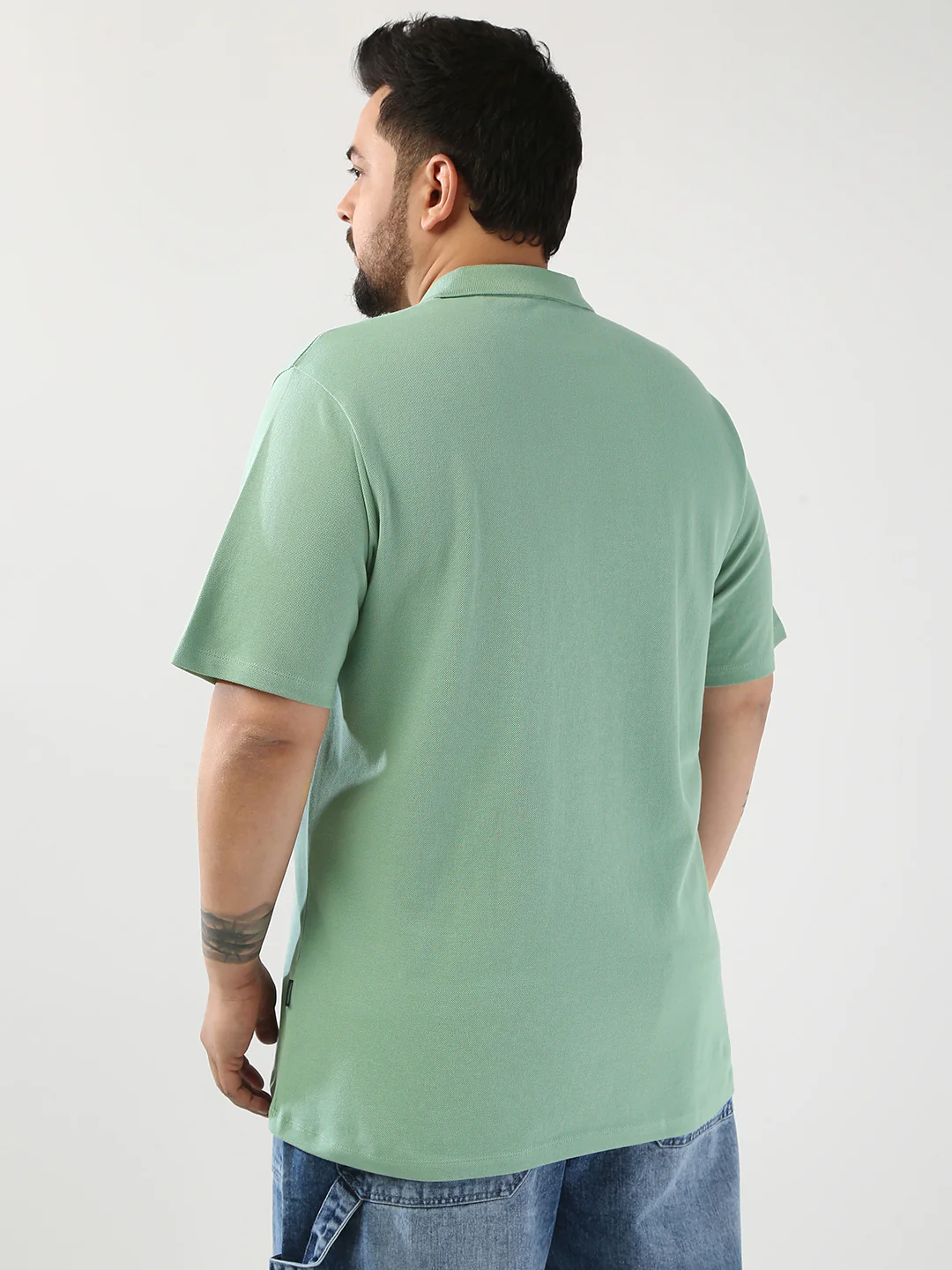 Plus Men's Granite Green Solid Regular Fit Half Sleeve Cotton Polo T-Shirt - Image 3