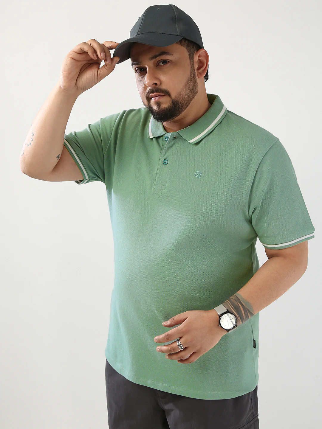 Plus Men's Granite Green Solid Regular Fit Half Sleeve Cotton Polo T-Shirt - Image 2