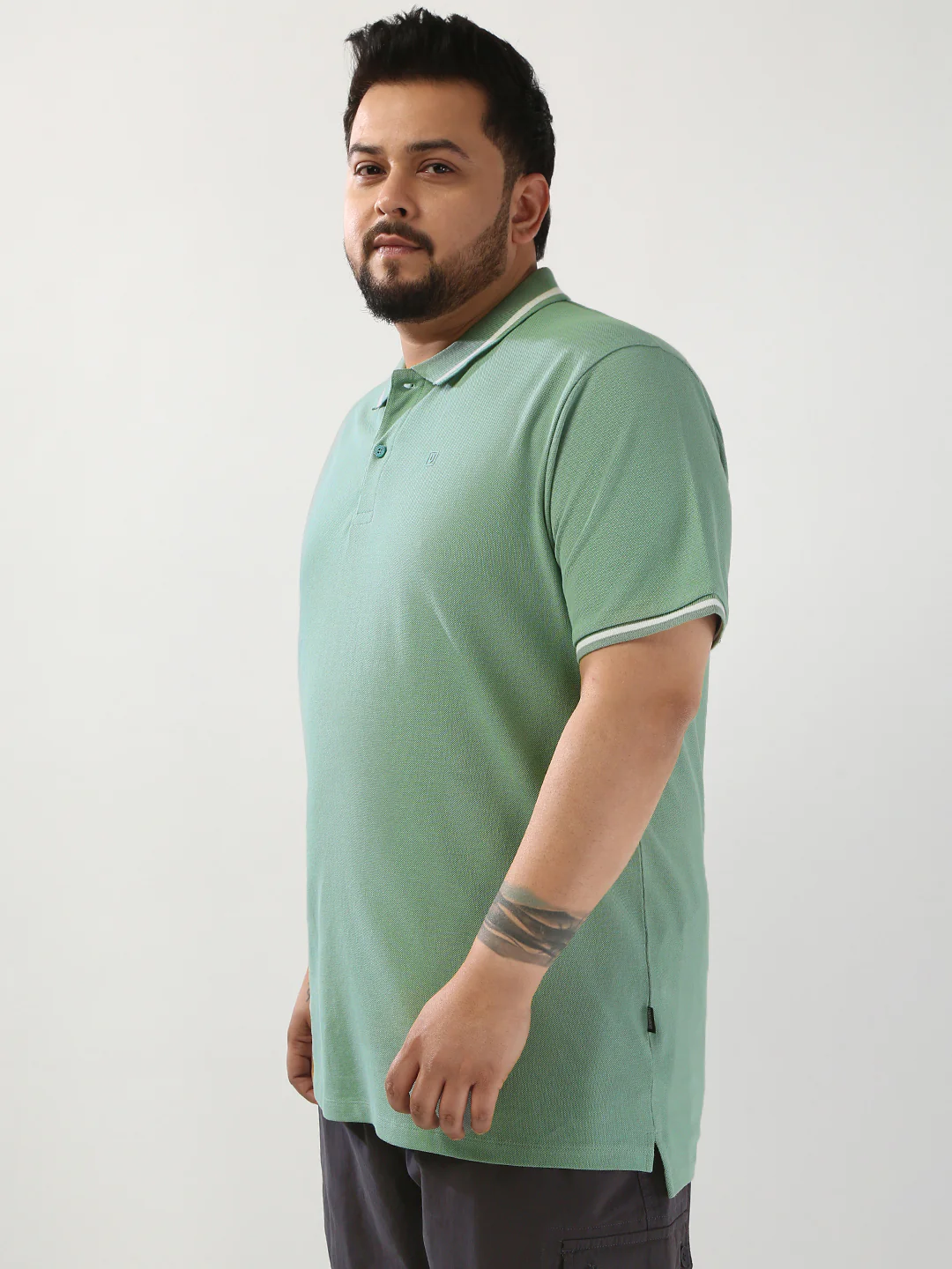 Plus Men's Granite Green Solid Regular Fit Half Sleeve Cotton Polo T-Shirt - Image 3