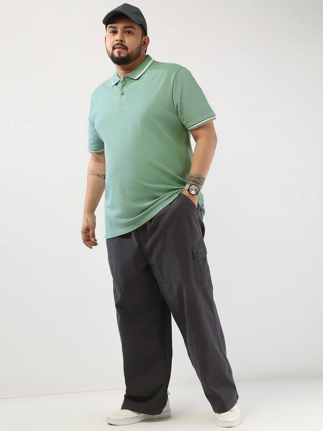 Plus Men's Granite Green Solid Regular Fit Half Sleeve Cotton Polo T-Shirt - Image 5