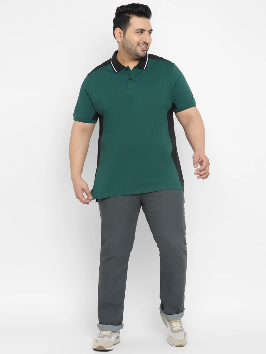 Plus Men's Green, Black Colour-Block Regular Fit Half Sleeve Cotton Polo T-Shirt - Image 4