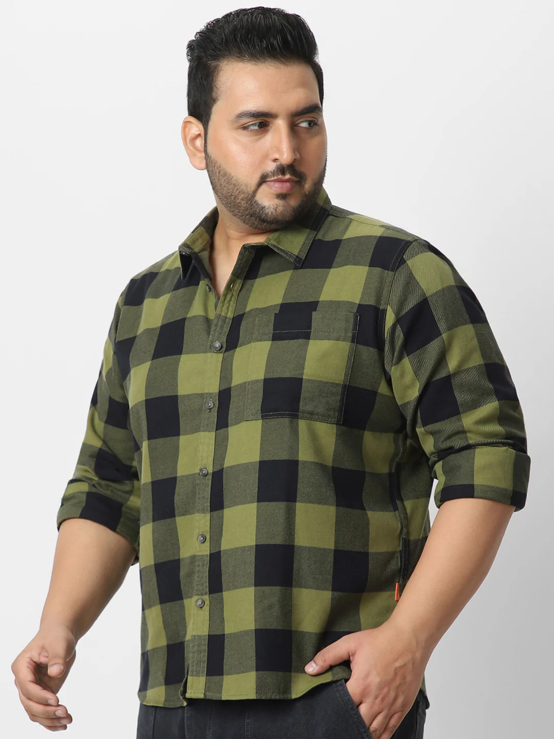 Plus Men's Green Black Cotton Full Sleeve Regular Fit Casual Checkered Shirt - Image 2