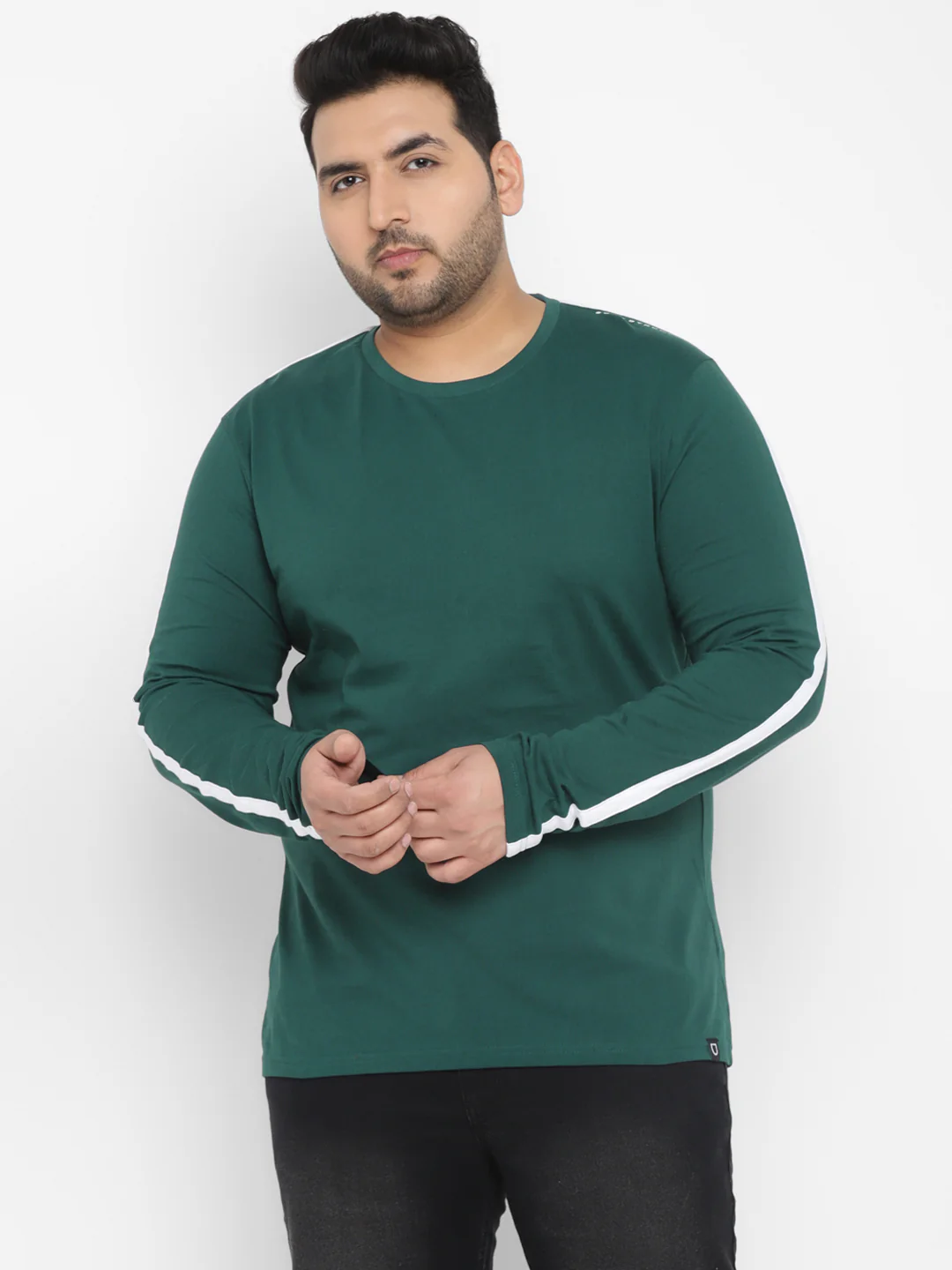 Plus Men's Green Color-Block Regular Fit Full Sleeve Cotton T-Shirt - Image 2