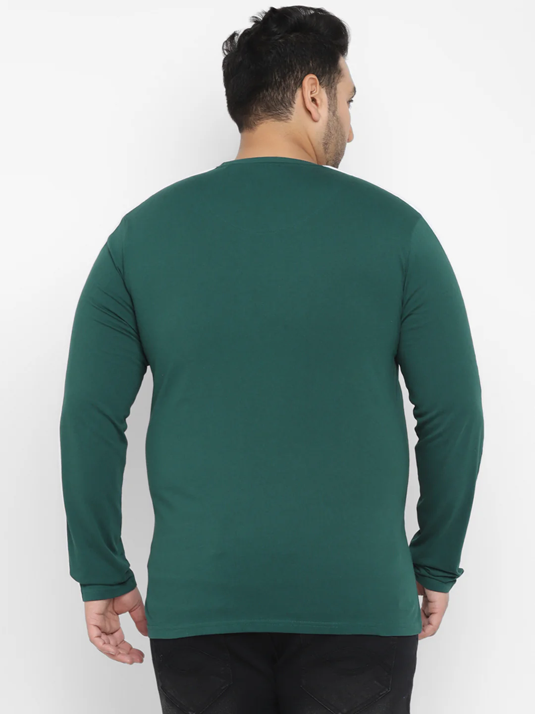 Plus Men's Green Color-Block Regular Fit Full Sleeve Cotton T-Shirt - Image 3