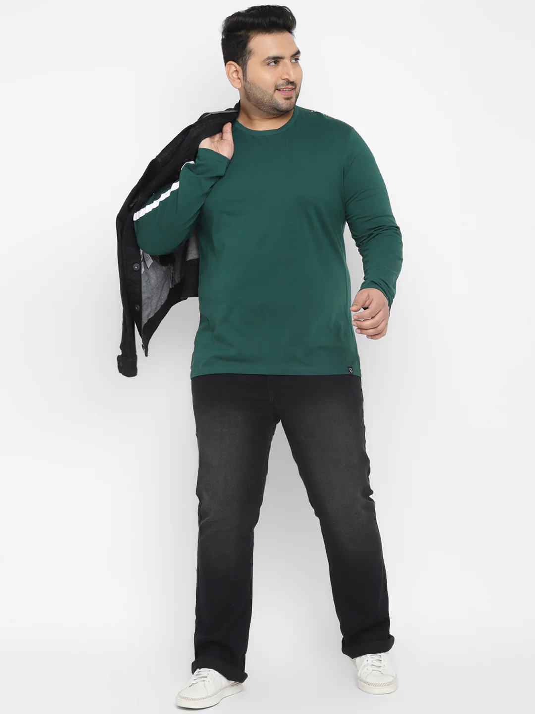 Plus Men's Green Color-Block Regular Fit Full Sleeve Cotton T-Shirt - Image 4
