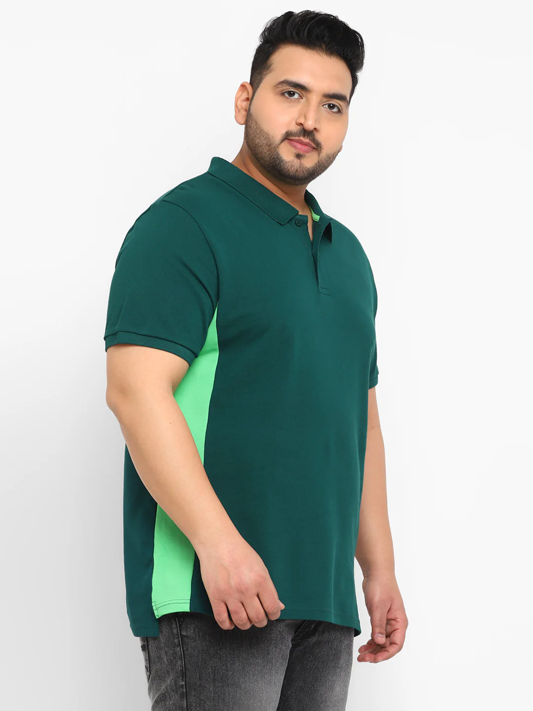 Plus Men's Green Colour-Block Regular Fit Half Sleeve Cotton Polo T-Shirt - Image 2