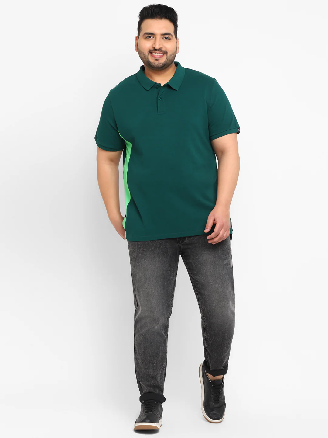 Plus Men's Green Colour-Block Regular Fit Half Sleeve Cotton Polo T-Shirt - Image 4