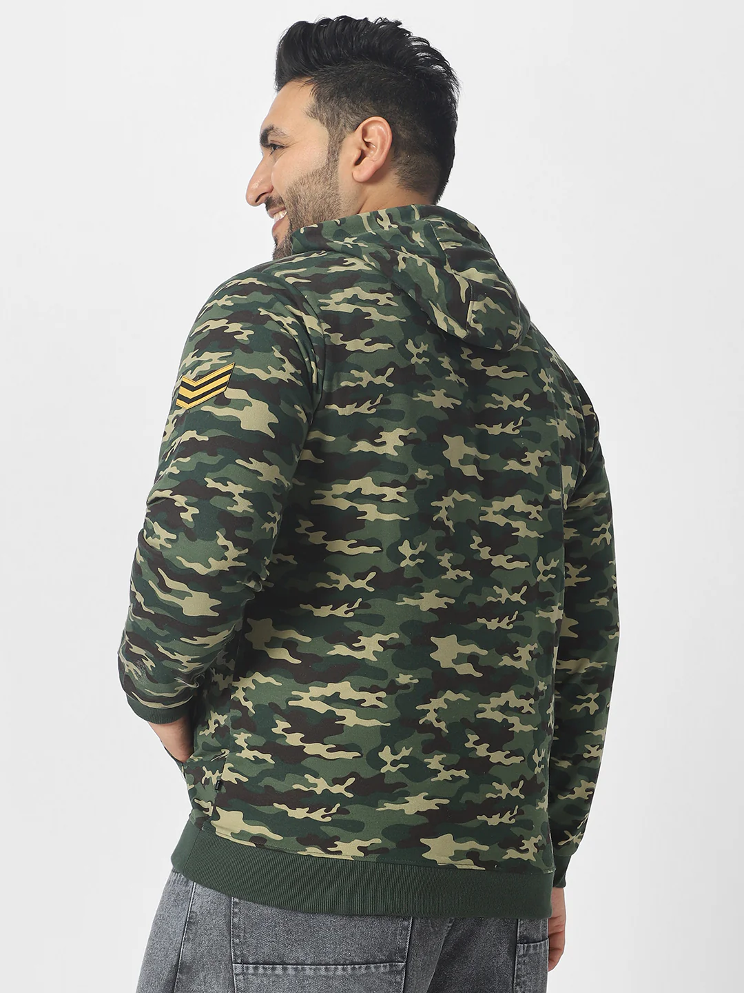 Plus Men's Green Cotton Camouflage Printed Hooded Neck Sweatshirt - Image 3