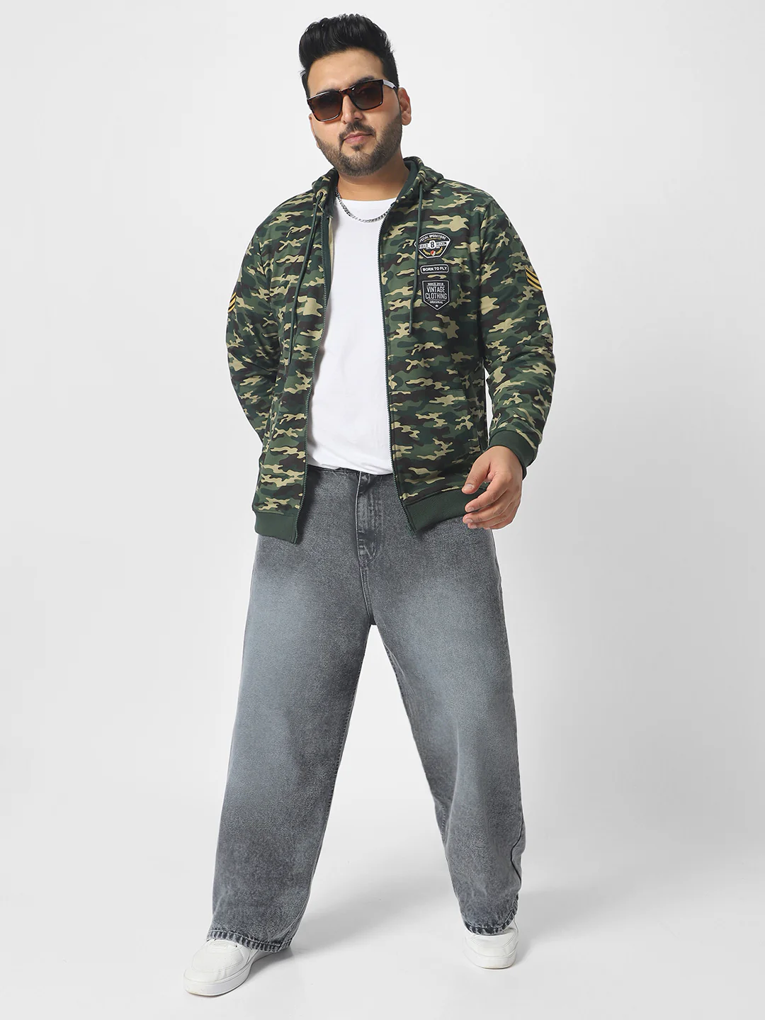 Plus Men's Green Cotton Camouflage Printed Hooded Neck Sweatshirt - Image 4