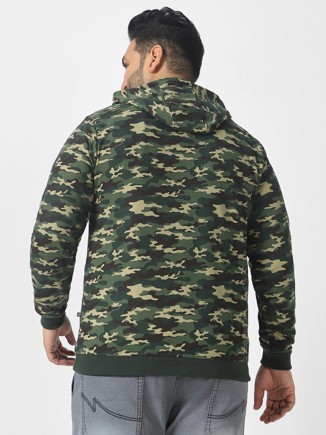Plus Men's Green Cotton Camouflage Printed Hooded Neck Sweatshirt - Image 3