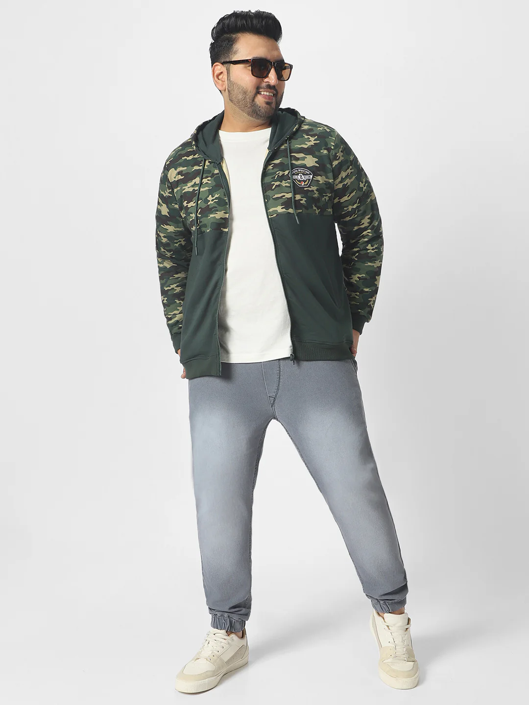 Plus Men's Green Cotton Camouflage Printed Hooded Neck Sweatshirt - Image 4