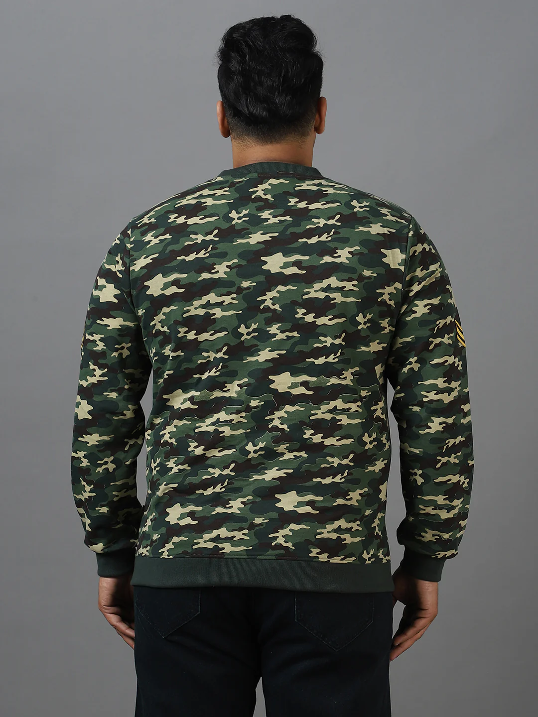 Plus Men's Green Cotton Camouflage Printed Round Neck Sweatshirt - Image 3
