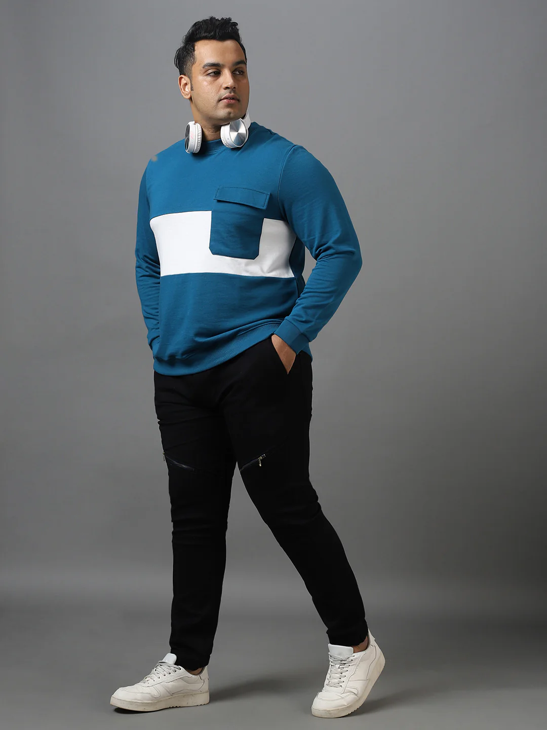 Plus Men's Green Cotton Color Block Round Neck Sweatshirt - Image 4