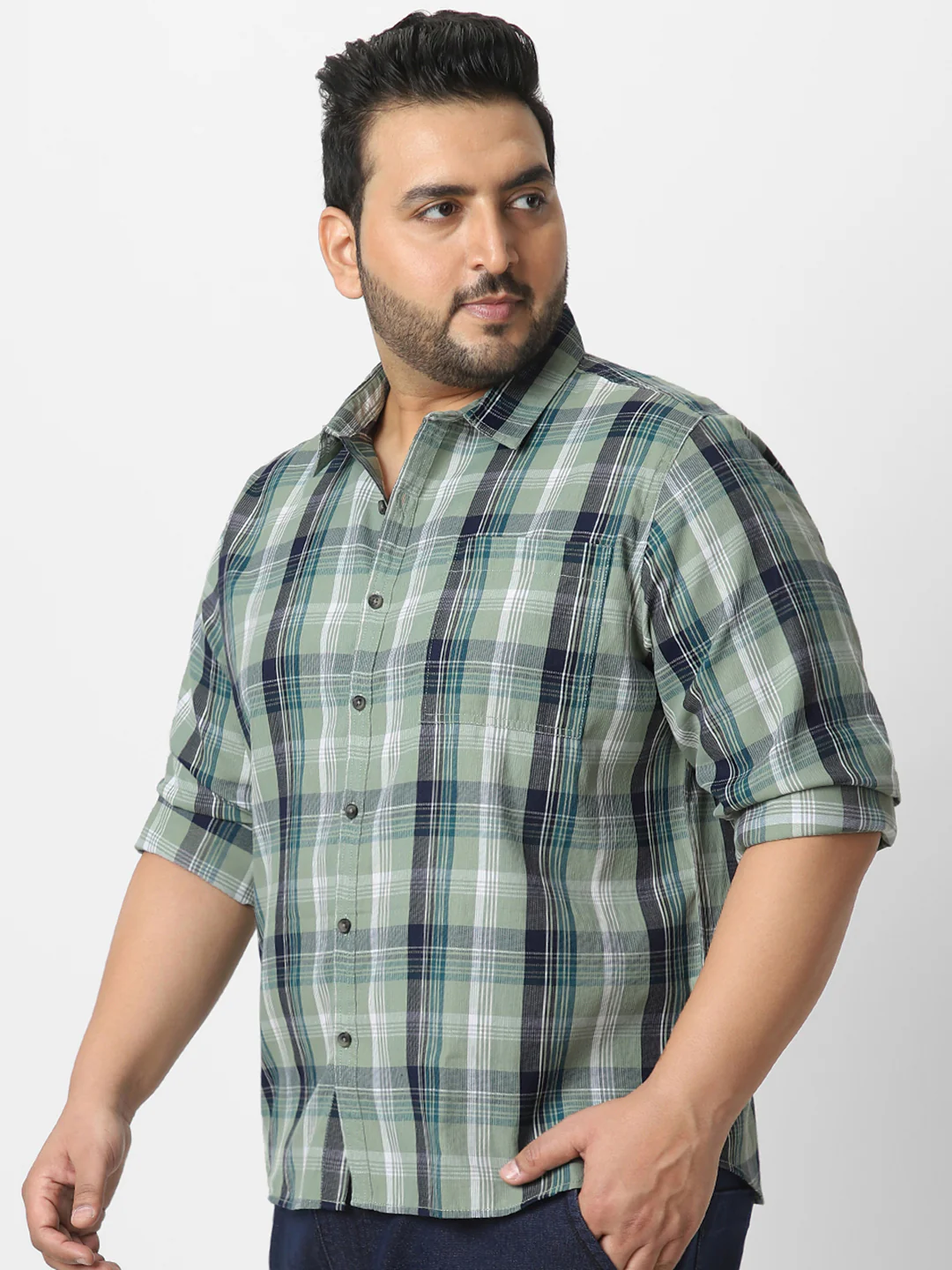 Plus Men's Green Cotton Full Sleeve Regular Fit Casual Checkered Shirt - Image 2