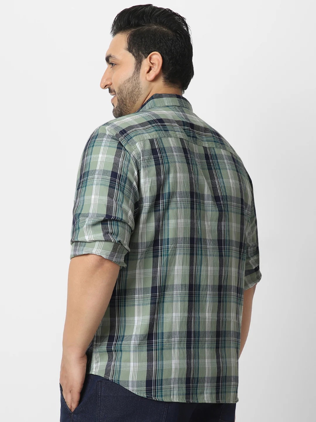 Plus Men's Green Cotton Full Sleeve Regular Fit Casual Checkered Shirt - Image 3