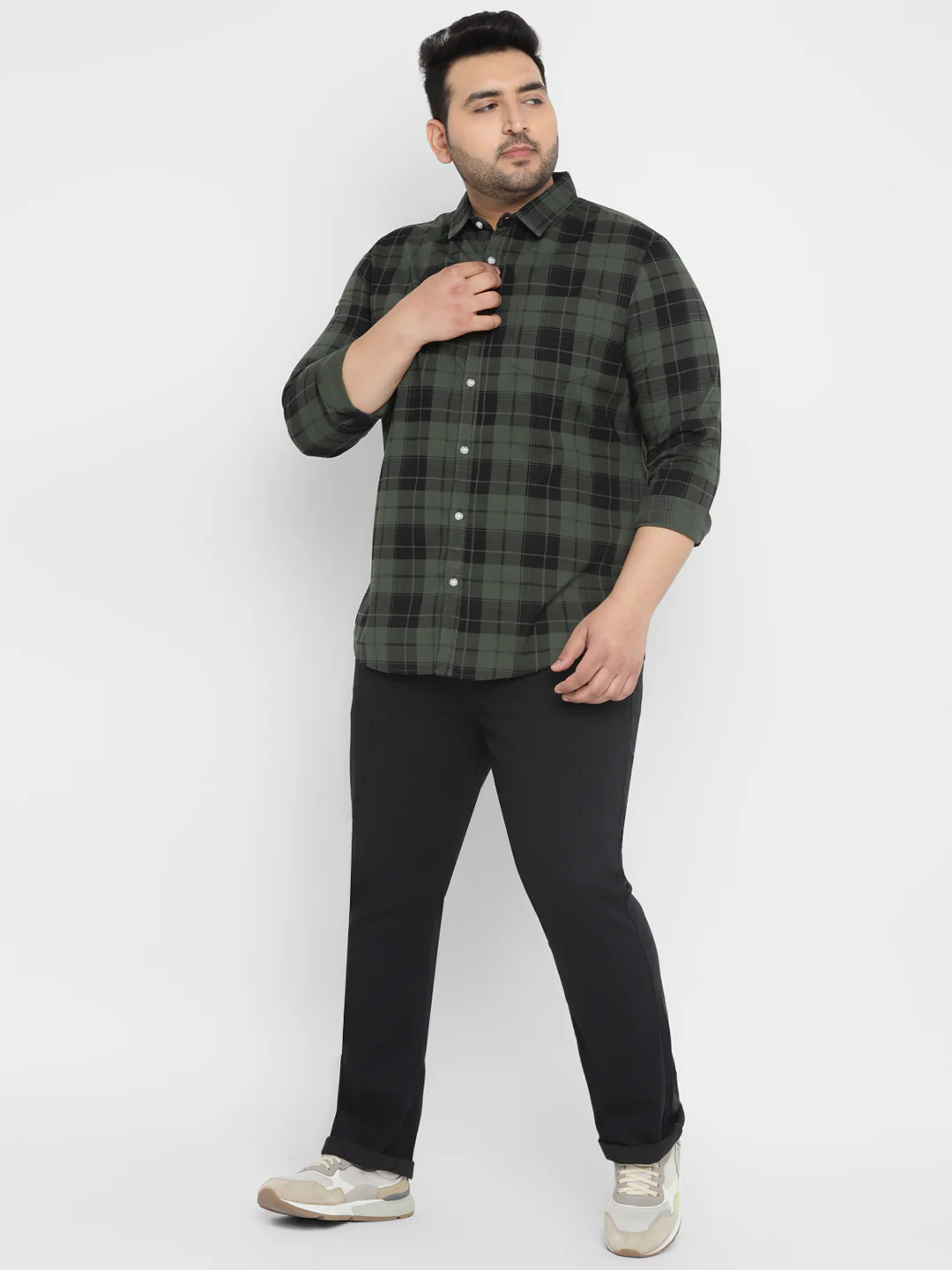 Plus Men's Green Cotton Full Sleeve Regular Fit Casual Checkered Shirt - Image 4