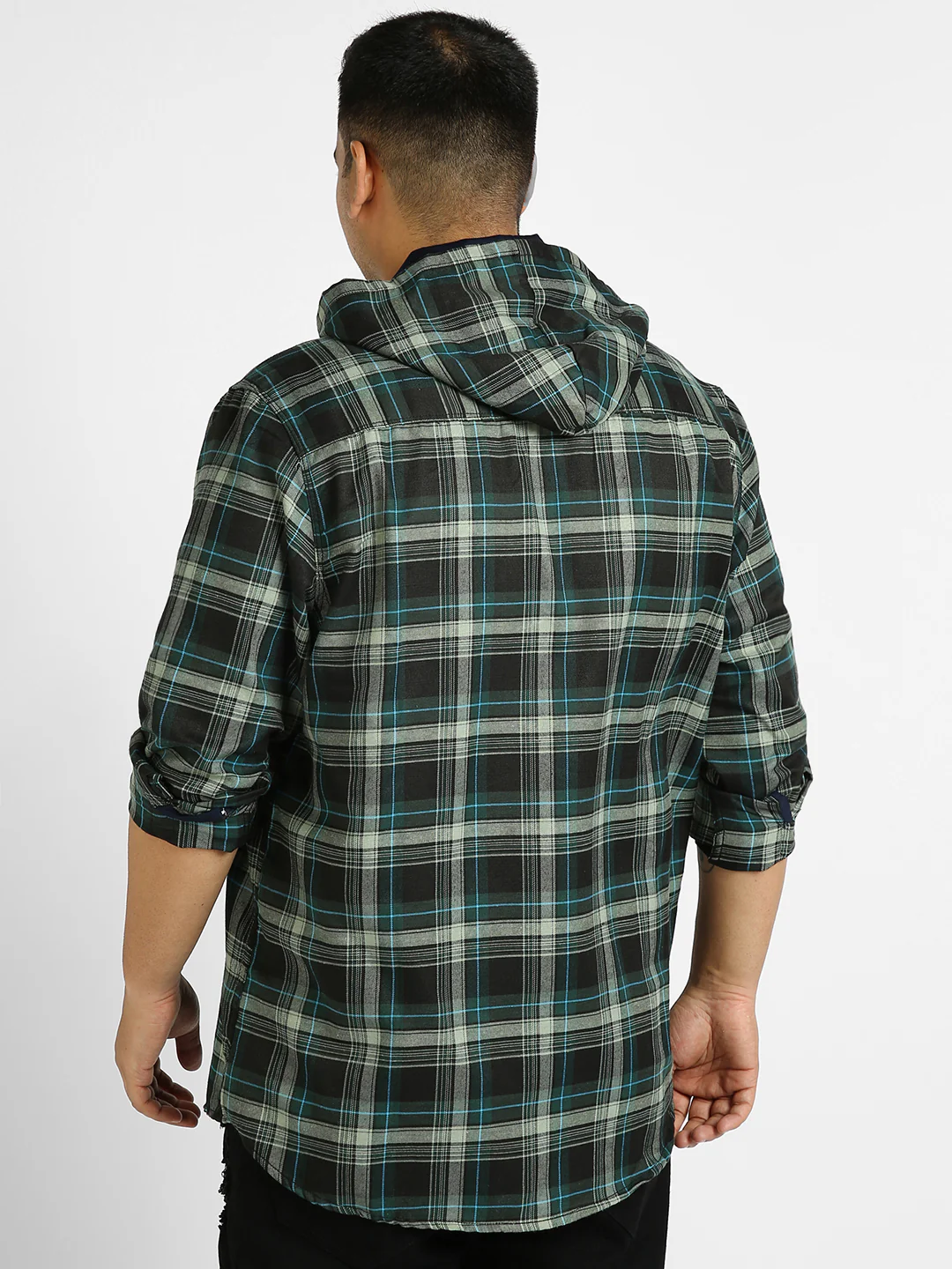 Plus Men's Green Cotton Full Sleeve Regular Fit Casual Checkered Shirt with Hooded Neck - Image 3