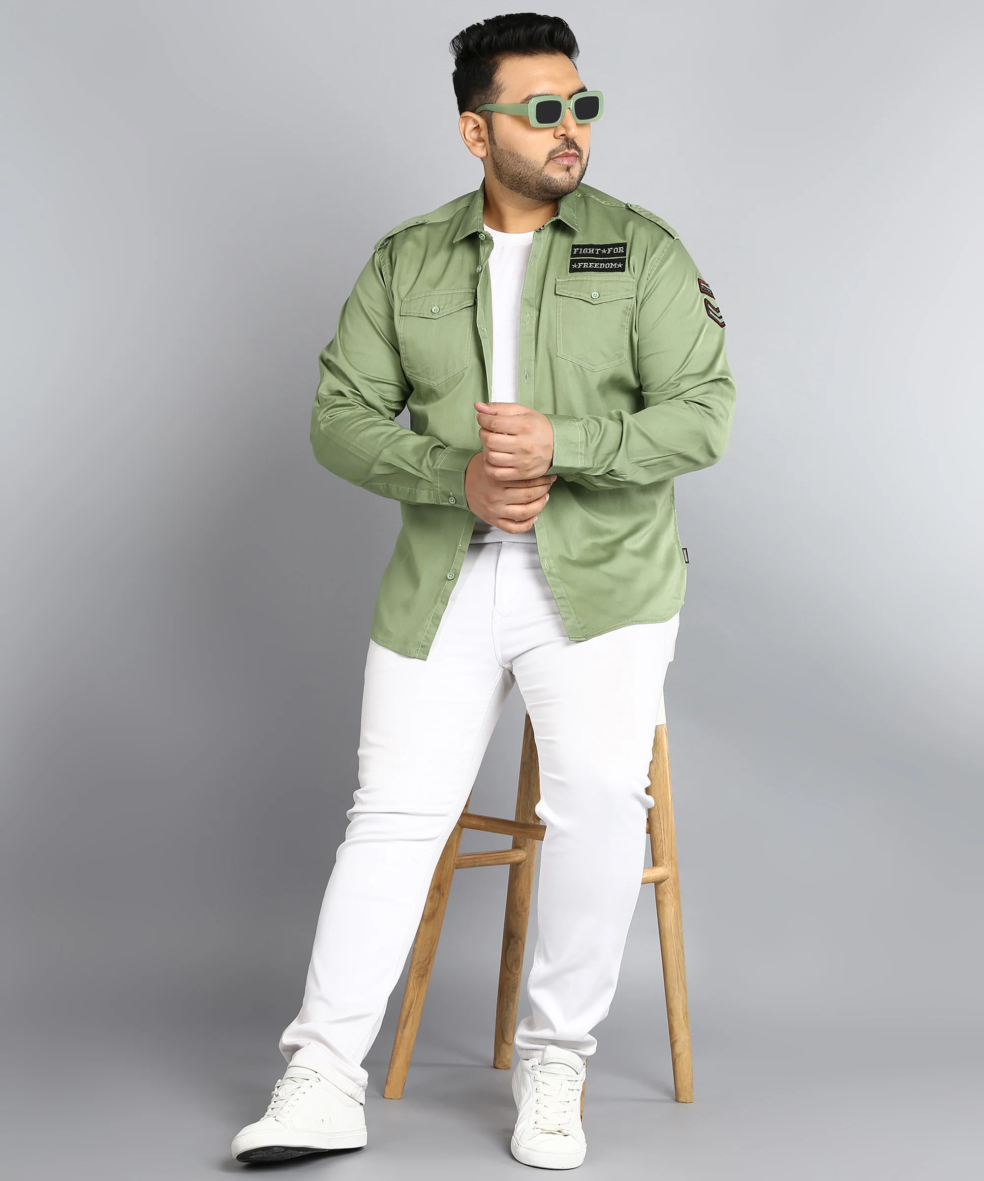 Plus Men's Green Cotton Full Sleeve Regular Fit Casual Solid Shirt - Image 4