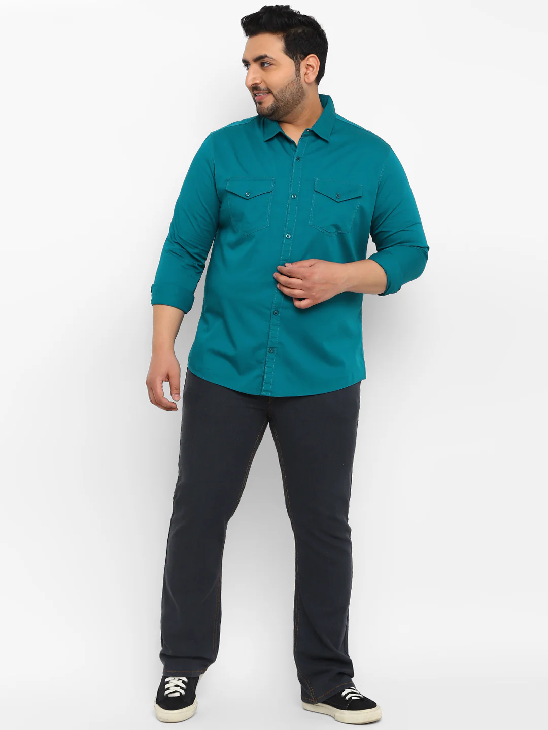 Plus Men's Green Cotton Full Sleeve Regular Fit Casual Solid Shirt - Image 4