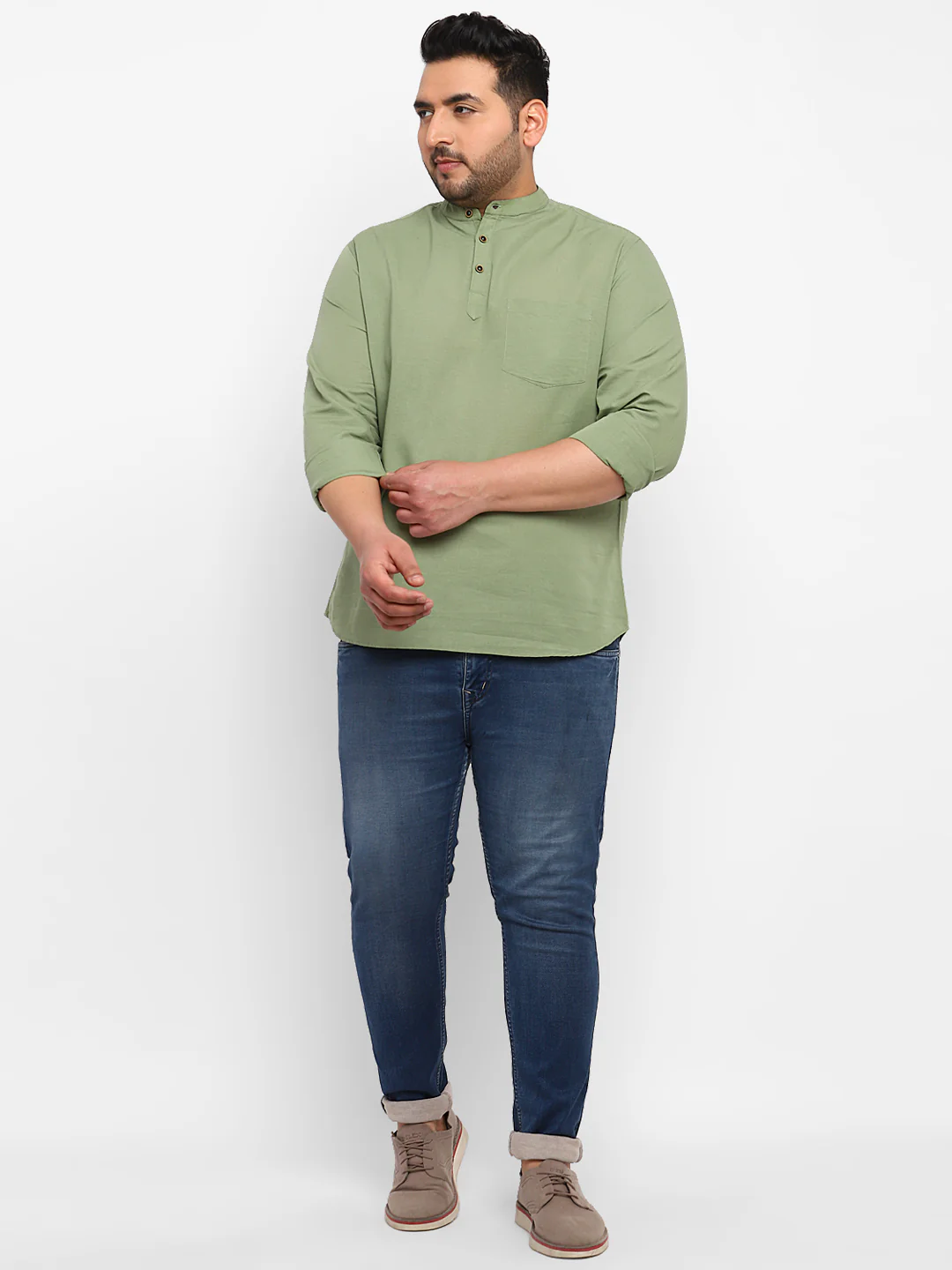 Plus Men's Green Cotton Full Sleeve Regular Fit Casual Solid Shirt - Image 4