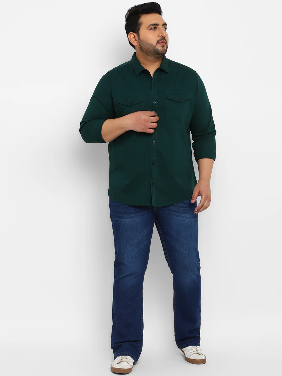 Plus Men's Green Cotton Full Sleeve Regular Fit Casual Solid Shirt - Image 4