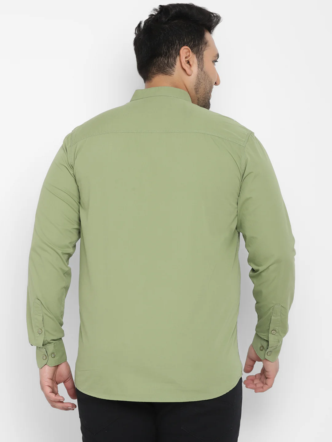 Plus Men's Green Cotton Full Sleeve Regular Fit Casual Solid Shirt with Mandarin Collar - Image 3