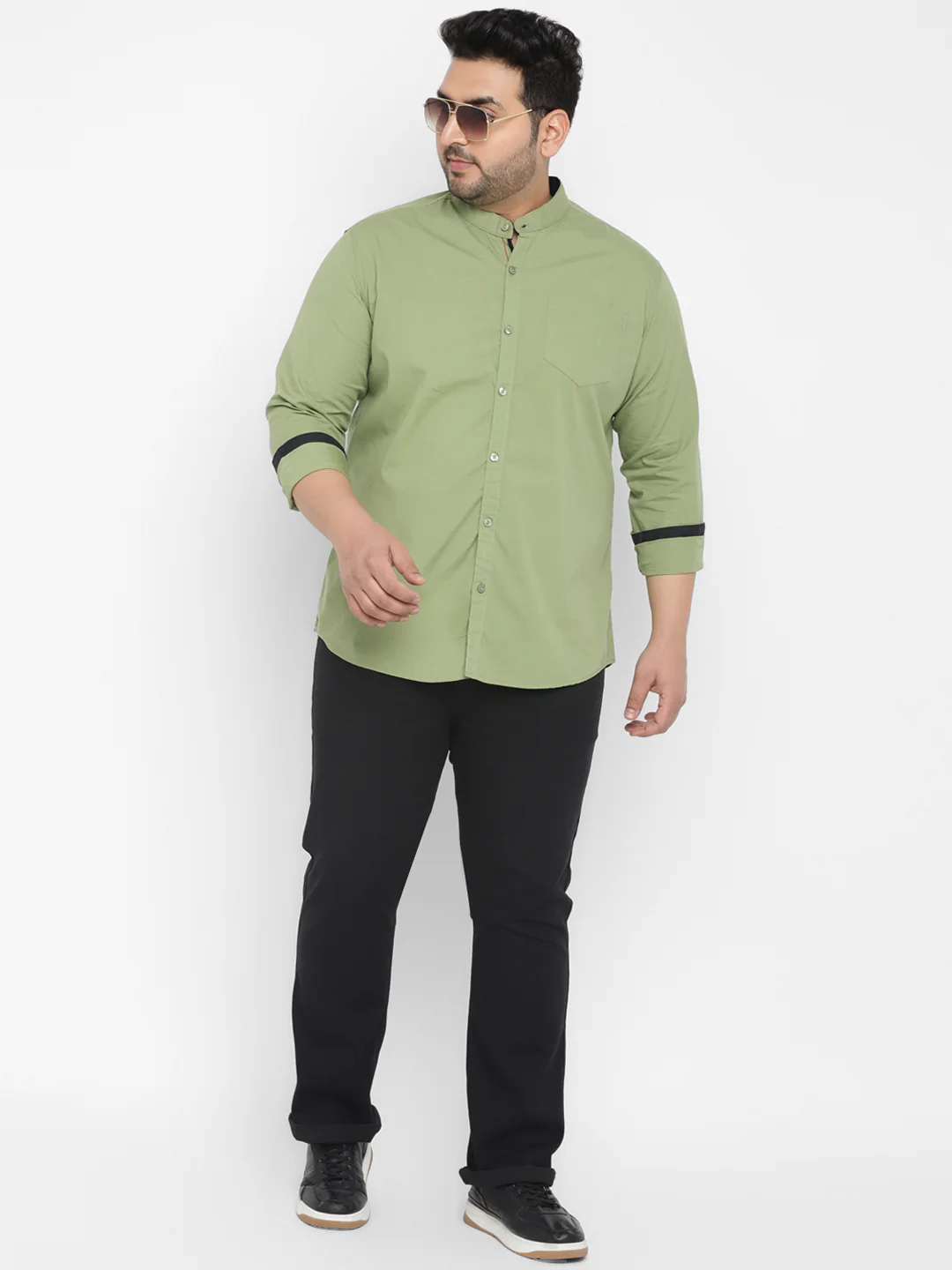 Plus Men's Green Cotton Full Sleeve Regular Fit Casual Solid Shirt with Mandarin Collar - Image 4