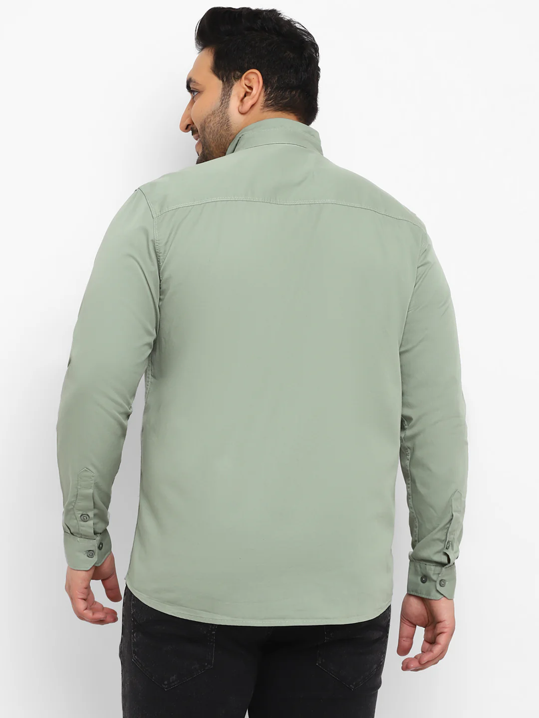 Plus Men's Green Cotton Full Sleeve Regular Fit Casual Solid Shirt with Mandarin Collar - Image 3