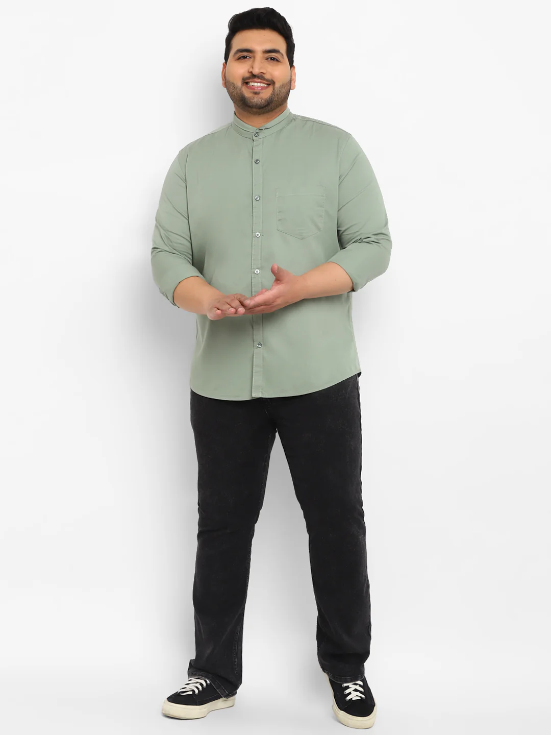 Plus Men's Green Cotton Full Sleeve Regular Fit Casual Solid Shirt with Mandarin Collar - Image 4