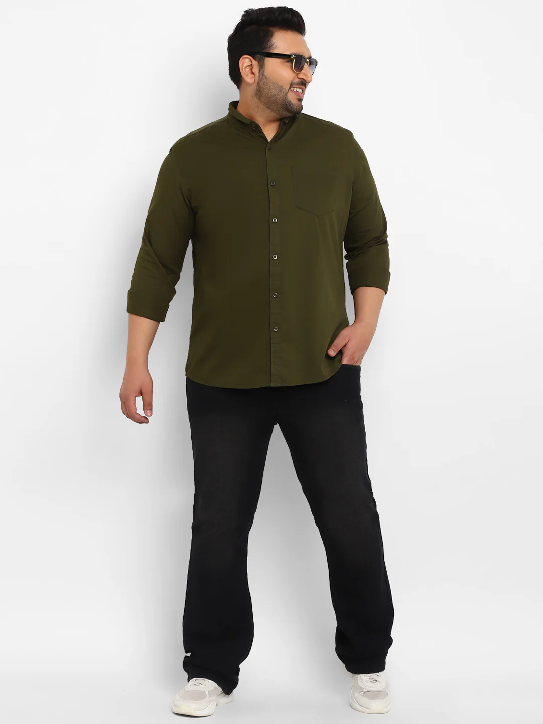 Plus Men's Green Cotton Full Sleeve Regular Fit Casual Solid Shirt with Mandarin Collar - Image 4