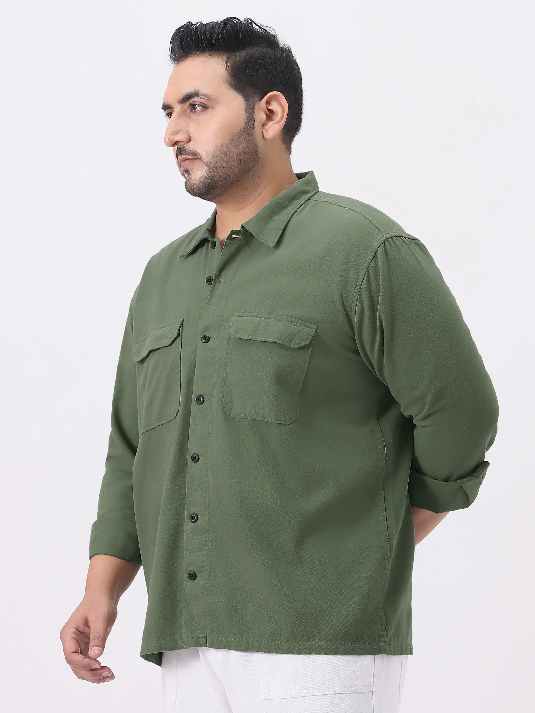 Plus Men's Green Cotton Full Sleeve Relaxed Fit Shacket with Utility Pockets - Image 2