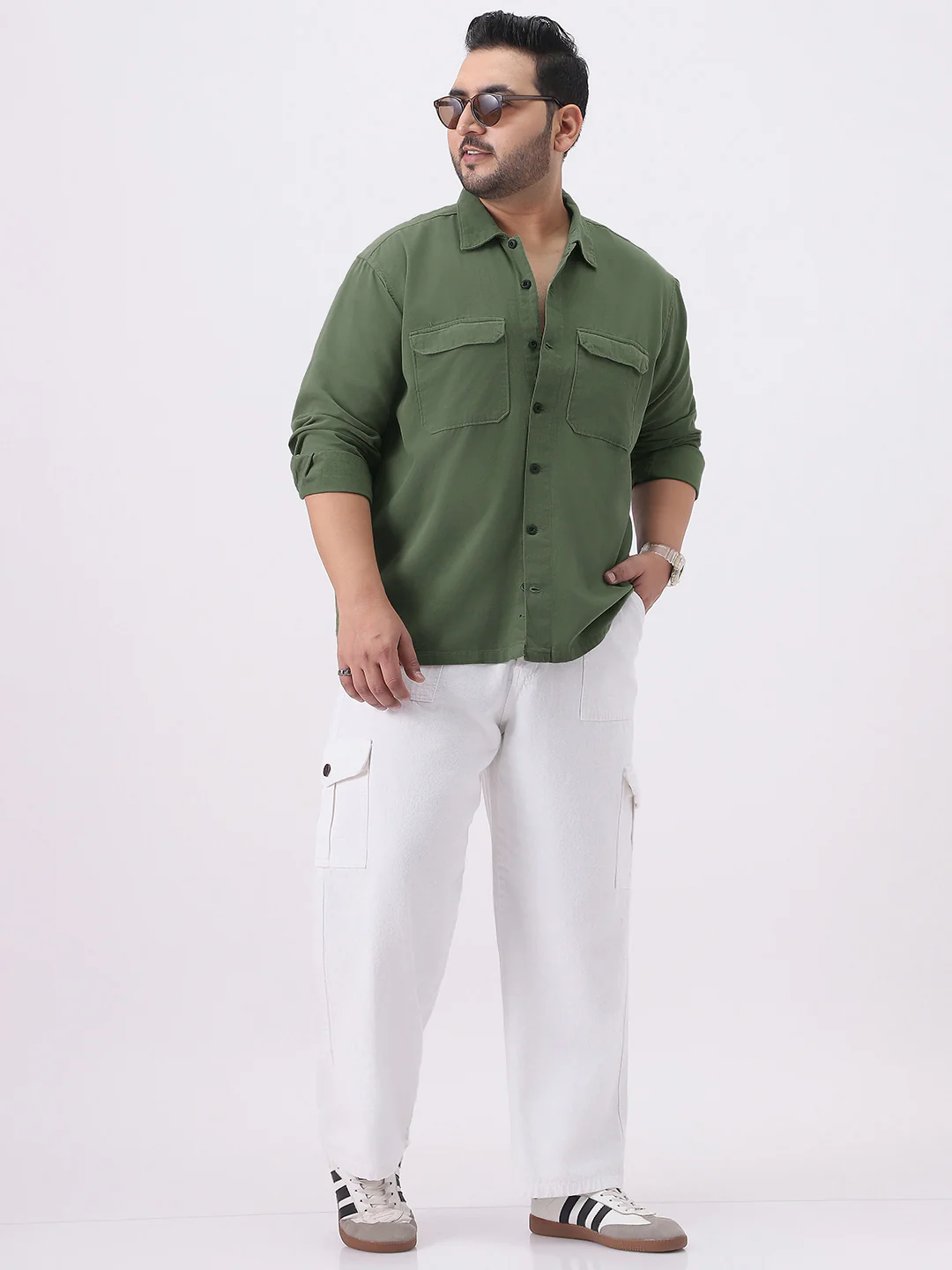 Plus Men's Green Cotton Full Sleeve Relaxed Fit Shacket with Utility Pockets - Image 4