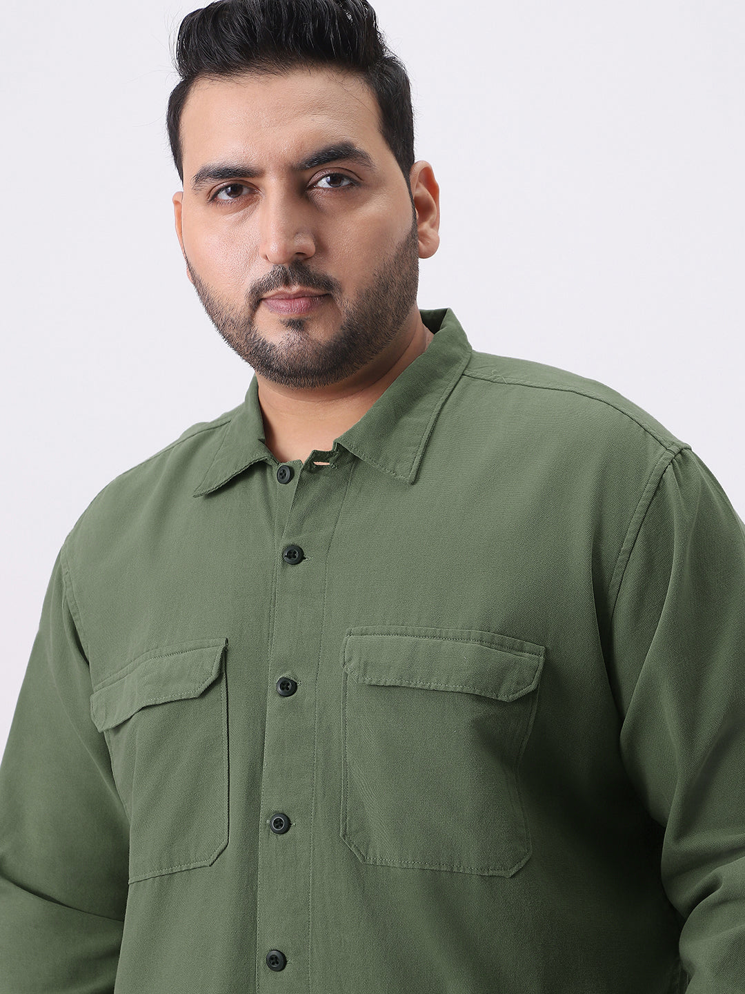 Plus Men's Green Cotton Full Sleeve Relaxed Fit Shacket with Utility Pockets - Image 5