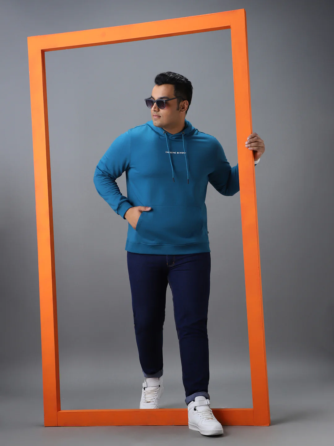 Plus Men's Green Cotton Graphic Print Hooded Neck Sweatshirt - Image 4