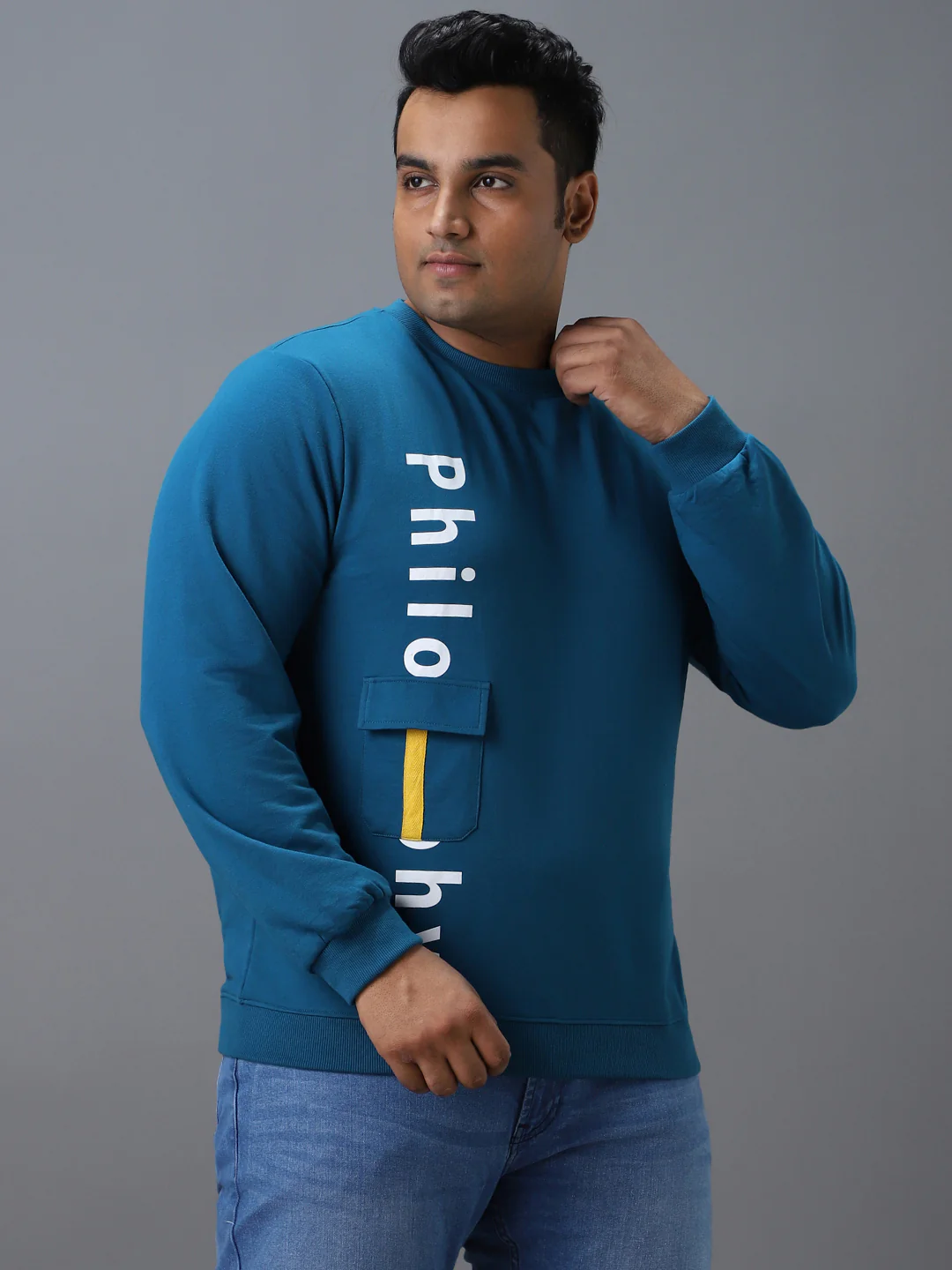 Plus Men's Green Cotton Graphic Print Round Neck Sweatshirt - Image 2