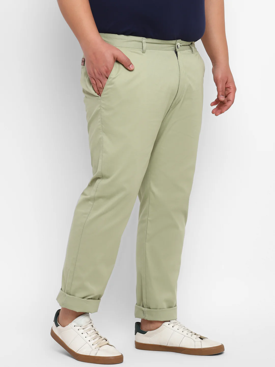 Plus Men's Green Cotton Regular Fit Casual Chinos Trousers - Image 2