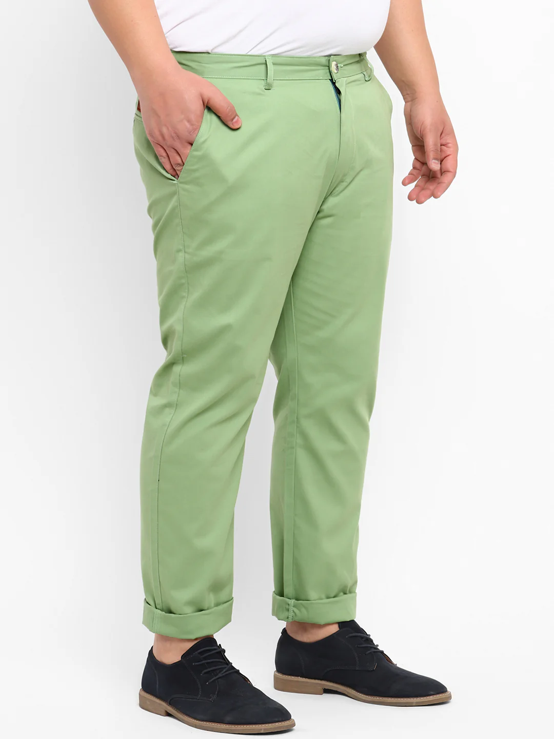 Plus Men's Green Cotton Regular Fit Casual Chinos Trousers - Image 2