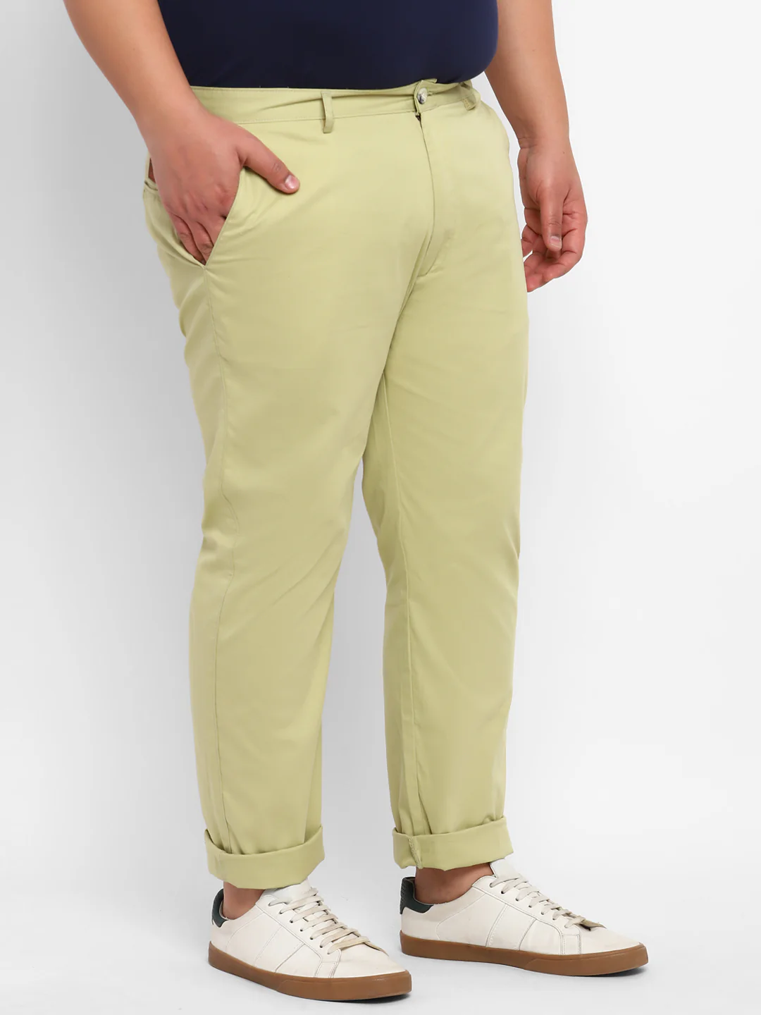 Plus Men's Green Cotton Regular Fit Casual Chinos Trousers - Image 2