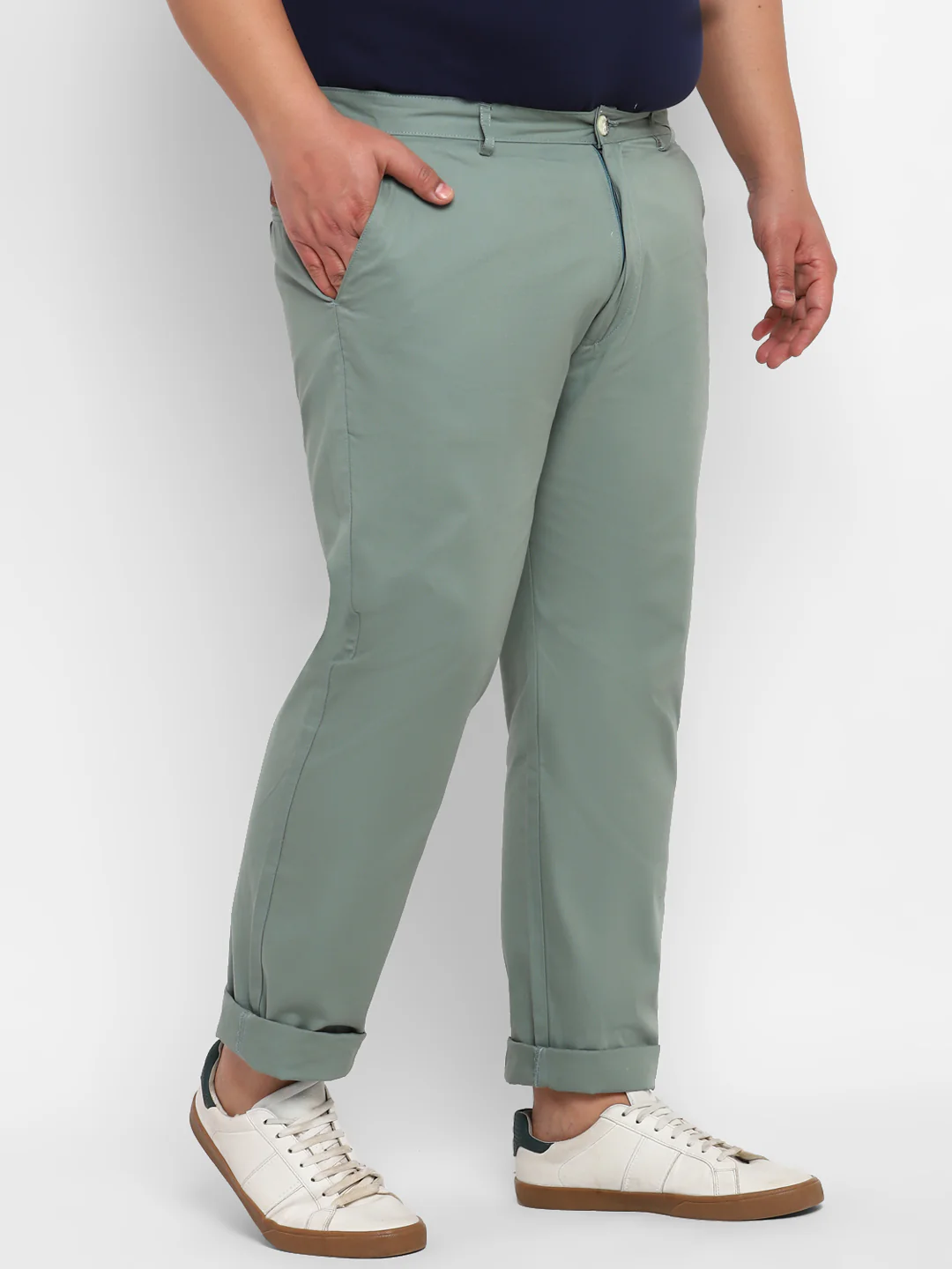 Plus Men's Green Cotton Regular Fit Casual Chinos Trousers - Image 2