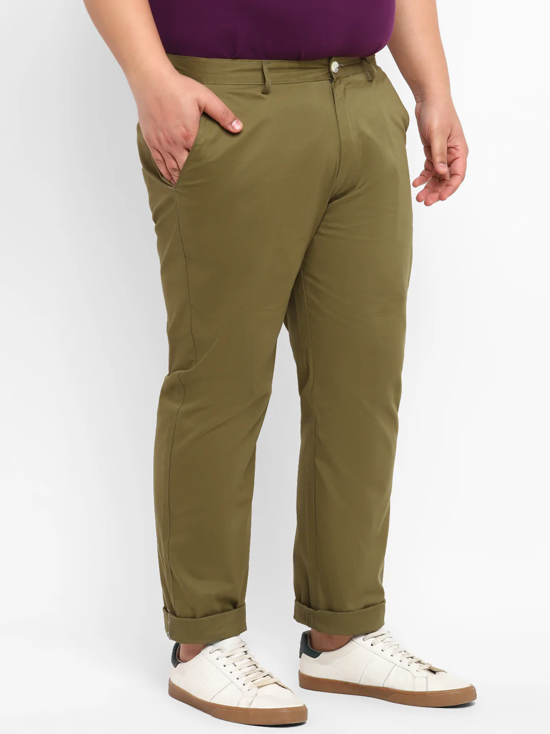 Plus Men's Green Cotton Regular Fit Casual Chinos Trousers - Image 2