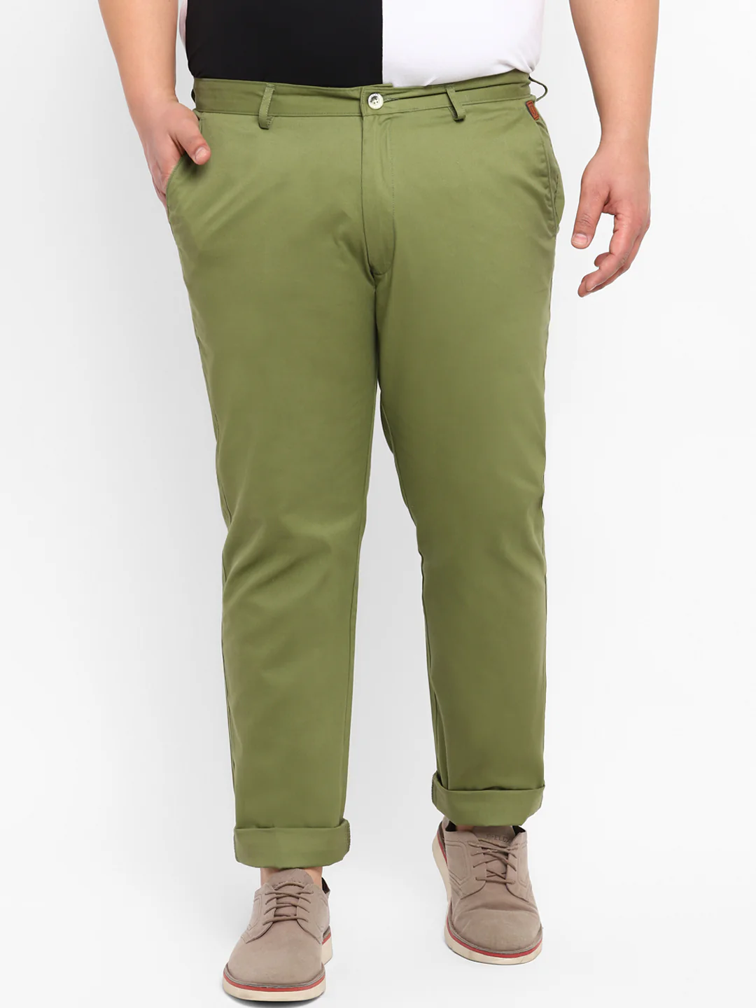 Plus Men's Green Cotton Regular Fit Casual Chinos Trousers