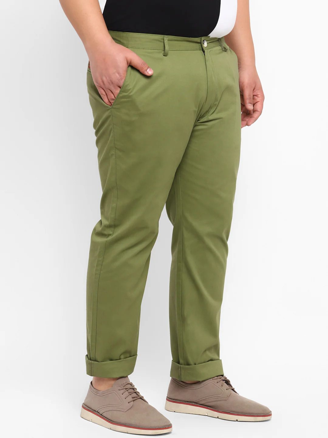 Plus Men's Green Cotton Regular Fit Casual Chinos Trousers - Image 2