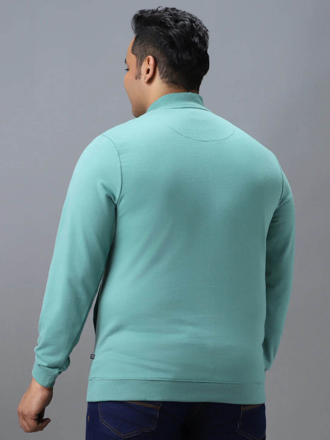 Plus Men's Green Cotton Solid Button High Neck Sweatshirt - Image 3