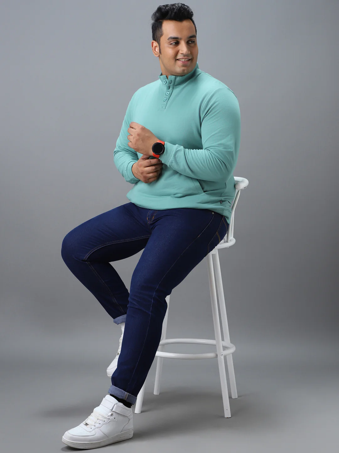 Plus Men's Green Cotton Solid Button High Neck Sweatshirt - Image 4