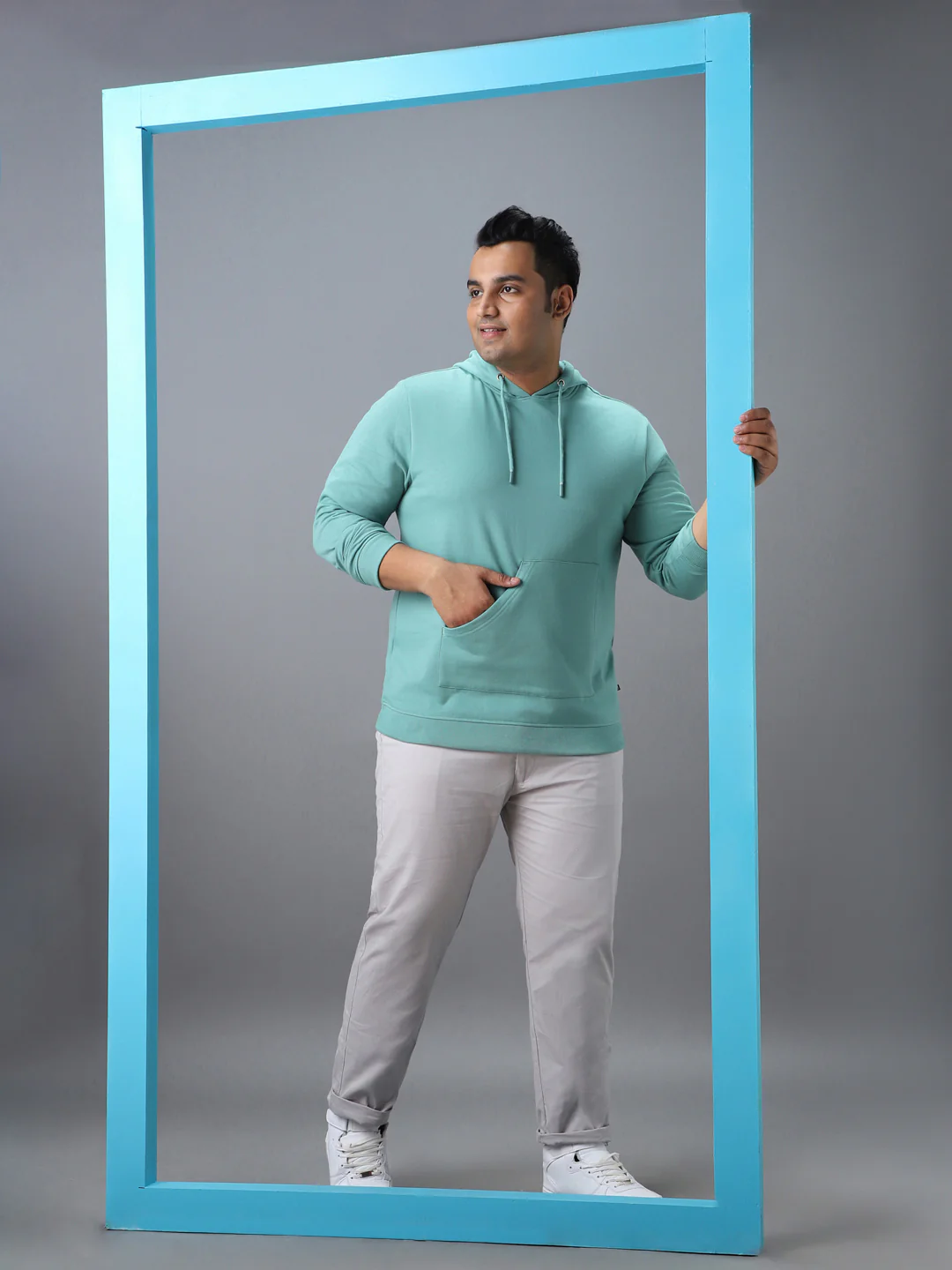 Plus Men's Green Cotton Solid Hooded Neck Sweatshirt - Image 4