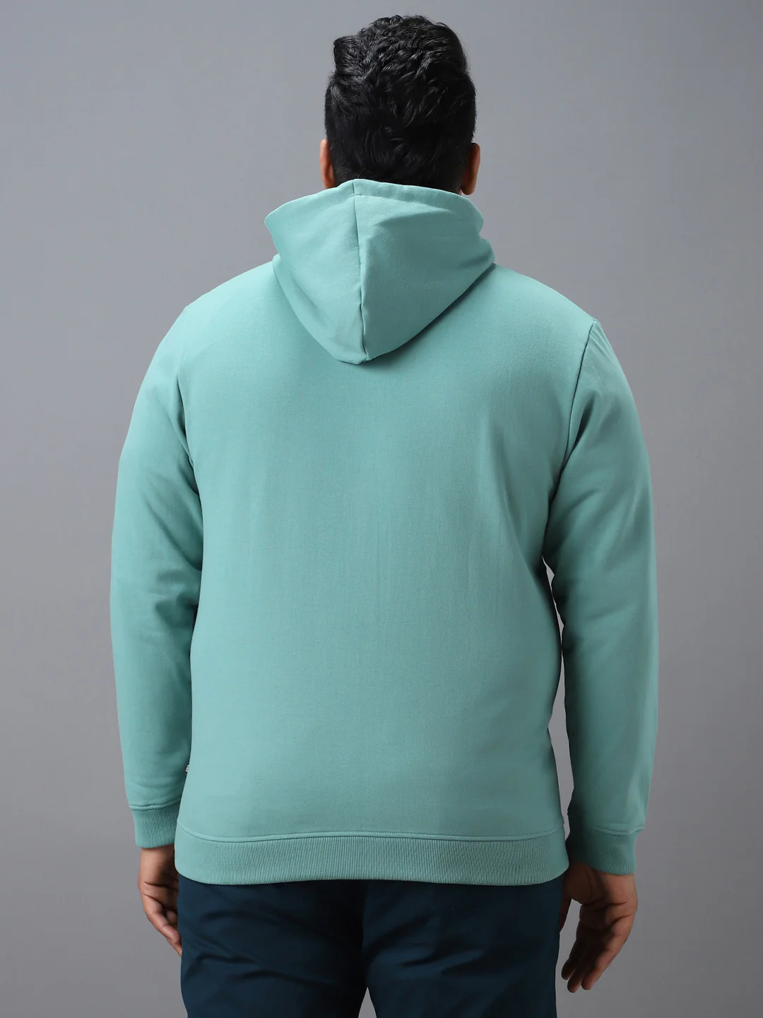 Plus Men's Green Cotton Solid Zippered Hooded Neck Sweatshirt - Image 3